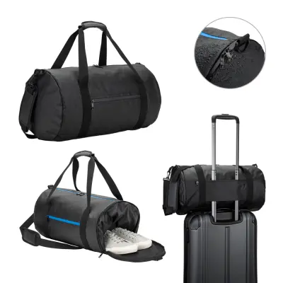 OSASCO SPORT. Cylindrical sports bag in high-density 600D recycled polyester with side compartment for shoes