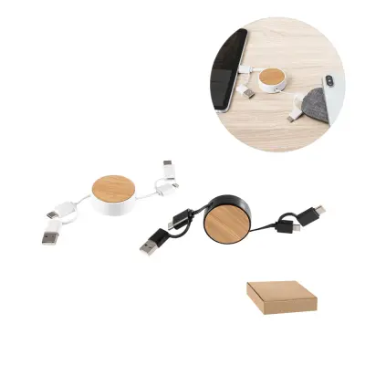 RUBINS. 6-in-1 retractable USB cable in recycled ABS (100% rABS) and bamboo