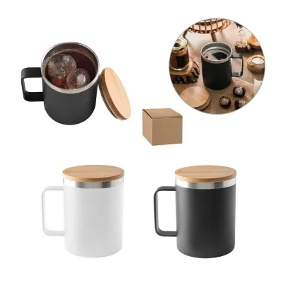 LAUDA. Mug in 90% recycled stainless steel with bamboo lid 420 mL