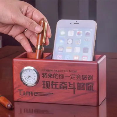 WOODEN PEN STAND CARD HOLDER WITH CLOCK 