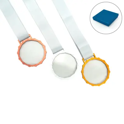Glass Medals with Metal Frame and 3cm White Ribbon