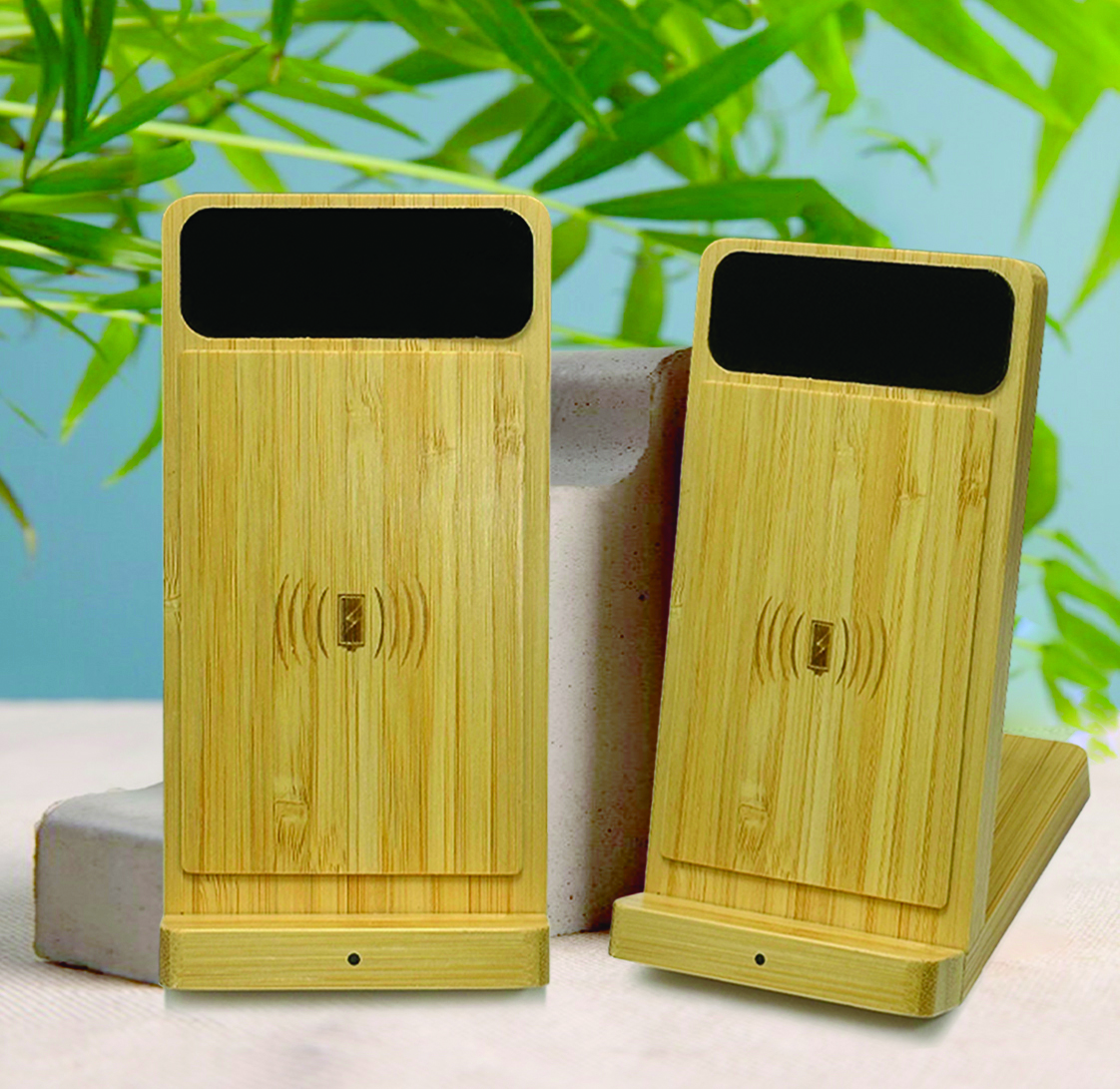 BAMBOO PHONE HOLDER WIRELESS CHARGER LIGHT UP LOGO