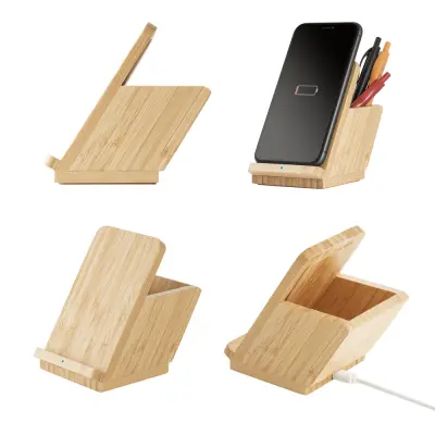 LEAVITT. Smartphone holder and ballpoint holder with 10W fast wireless charger in bamboo